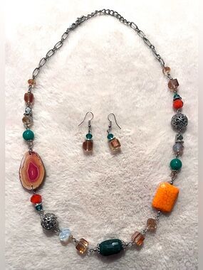 Eclectic Earth Tone Faux Agate Chunky Statement Necklace & Earring Set
